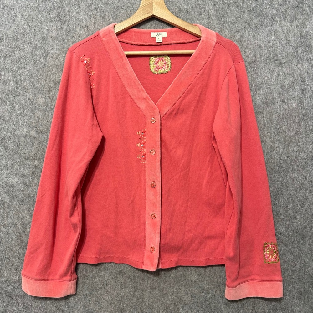 J. Jill Cardigan Sweater Womens Sz L Coral Pink Embroidered V-Neck Button Front